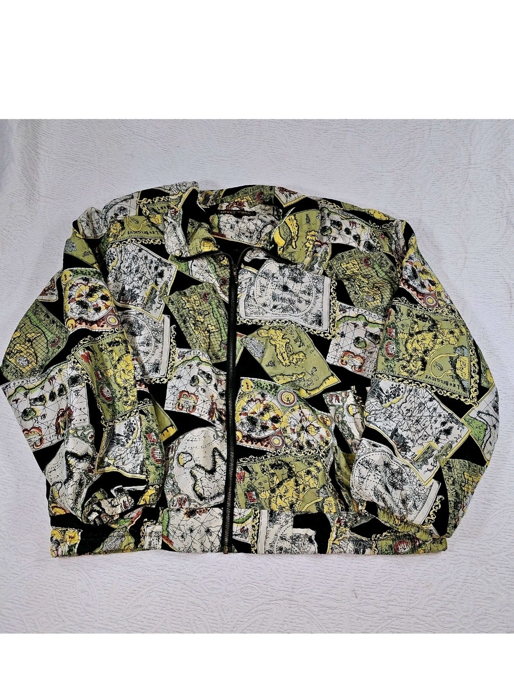 Vintage River Edge Silk Bomber Jacket Womens XL Map Print Zip Grandmacore 80s 90